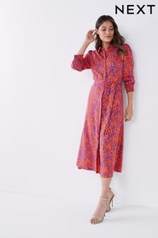 Fuller Bust Pink Print Long Sleeve Midi Shirt Dress (346934) | KRW62,700