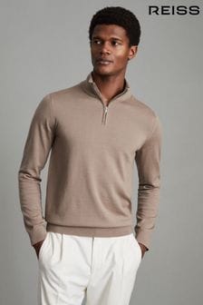 Reiss Camel Blackhall Merino Wool Half Zip Funnel Neck Jumper (347080) | €149