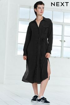 Black Tie Front Long Sleeve Textured Utility Shirt Dress (348070) | SGD 96
