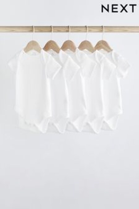 أبيض - عبوة من 5 قطع لباس قطعة واحدة أساسية بكم قصير للبيبي لون أبيض (348384) | 42 ر.ق - 51 ر.ق