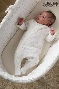 Mamas & Papas White Stork Print Zip Baby Sleepsuit
