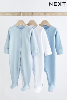 Blue/White 3 Pack Cotton Baby Sleepsuits (0-2yrs) (351212) | €16 - €19