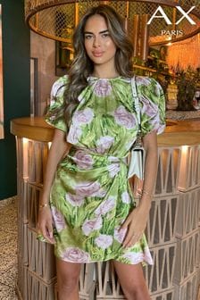 AX Paris Mini Green Floral Printed Short Puff Sleeve Gathered Side Dress (351596) | AED266