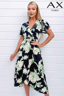 AX Paris Green Floral Printed Short Sleeve Belted Wrap Midi Dress (351794) | SGD 97