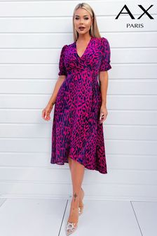 AX Paris Purple Cerise And Navy Animal Print Wrap Midi Dress