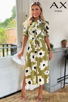AX Paris Oversize Olive Green Floral Print Midi Shirt Dress (352278) | SGD 97