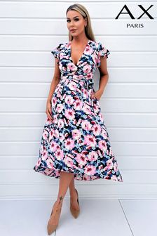 AX Paris Pink Floral Print Short Sleeve Belted Wrap Midi Dress (352381) | 247 QAR
