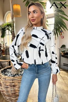 Black And White Printed High Neck Long Sleeve Top