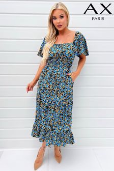 Niebieski - Ax Paris Multi Ditzy Printed Flutter Sleeve Midi Dress (352494) | 315 zł