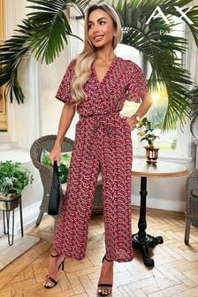 Printed Butterfly Sleeve Belted Jumpsuit (353038) | $98