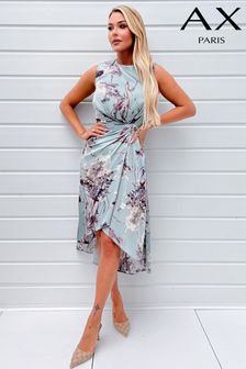 AX Paris Blue Duck Egg Print Gathered Midi Dress With Shoulder Pads (353588) | AED277