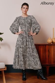 Albaray Marbel Kleid mit gesmoktem Oberteil und abstraktem Muster, Schwarz (355131) | 77 €