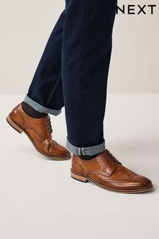 Tan Brown Wide Fit Leather Contrast Sole Brogue Shoes (355206) | $86