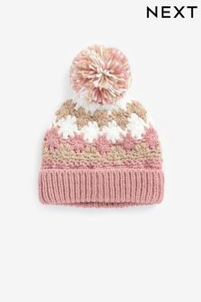 Neutral/Blush Pink Crochet Pom Beanie Hat (3mths-10yrs) (355469) | DKK70 - DKK84