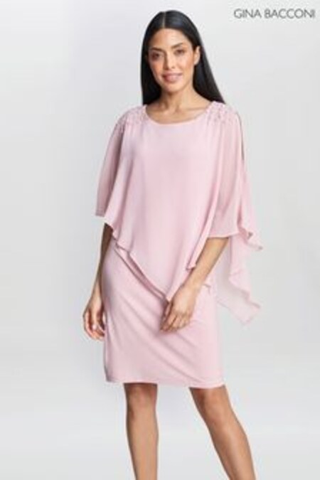 Gina Bacconi Pink Zenna Beaded Shoulder Chiffon Dress (359295) | €320