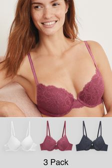 Navy/Pink/White Push Up Plunge Lace Bras 3 Pack (360561) | €13