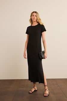 Ribbed T-Shirt Style Column Maxi Dress With Slit Detail