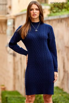 Sosandar Blue Turtleneck Cable Knit Dress (362166) | 371 QAR