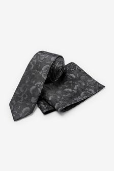 Schwarzes florales Muster - Slim - Set aus Krawatte und quadratischem Einstecktuch (362557) | 10 €