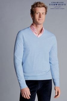 Modra - Charles Tyrwhitt merino pulover z V-izrezom  (363048) | €91