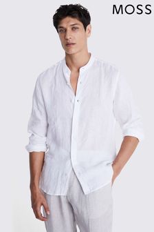 MOSS Tailored Fit Linen Grandad Collar White Shirt