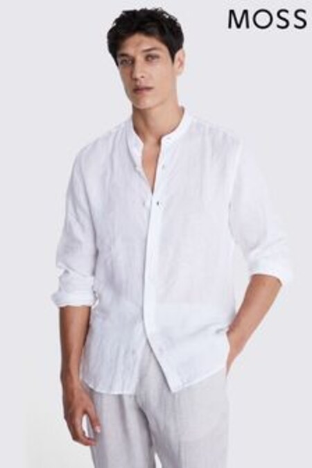 MOSS Tailored Fit Linen Grandad Collar White Shirt (363118) | 81 €