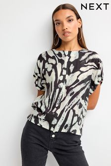 Monochrome Swirl Gathered Short Sleeve Textured Boxy T-Shirt (364125) | KRW42,700