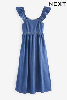 Mid Blue Flutter Sleeve Lightweight Denim Midi 100% Cotton Dress (364292) | $73