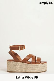 Simply Be Extra Wide Fit Brown Espadrille Flatform Wedges with Crossover Upper Straps (364307) | €20