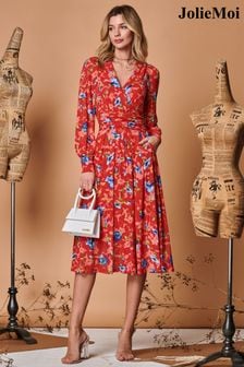 Jolie Moi Red Floral Long Sleeve Mesh Midi Dress (365208) | AED494