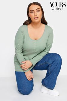 Yours Curve Green Popper Ribbed Long Sleeve Top (365981) | kr350