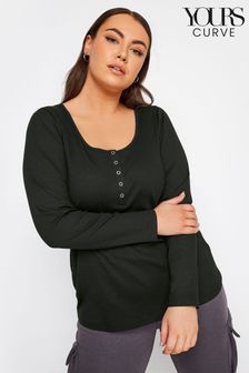 Negru - Yours Curve Popper Ribbed Long Sleeve Top (366012) | 113 LEI