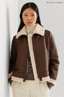 Lauren Ralph Lauren Tan Brown Faux Shearling Trim Faux Leather Jacket (369667) | €218