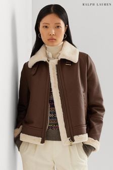 Lauren Ralph Lauren Tan Brown Faux Shearling Trim Faux Leather Jacket (369667) | €199