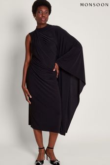 Monsoon Black Drape Drew Midi Dress (370127) | $135