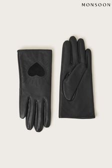 Monsoon Black Leather Heart Gloves (370284) | kr550