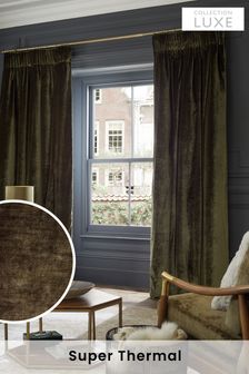 Olive Green Collection Luxe Heavyweight Super Thermal Plush Velvet Pencil Pleat Curtains (370983) | €172 - €331