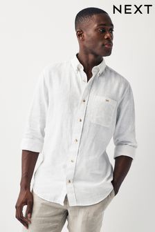 White Standard Collar Linen Blend Long Sleeve Shirt (371520) | CA$63