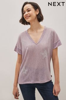 Flieder-Violett - T-Shirt in Leinenoptik mit V-Ausschnitt und Sternmotiv (3719W9) | 14 €