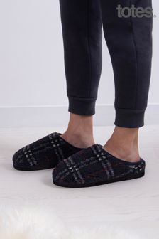 Totes Black Mens Borg Check Slippers With EVA Sole (374002) | €37
