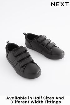 Black Standard Fit (F) School Leather Triple Strap Shoes (374171) | $37 - $47