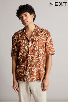 Brown Printed Short Sleeve Shirt With Cuban Collar (374175) | $47