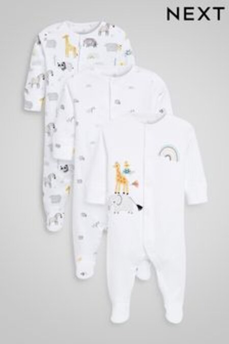 White Safari 3 Pack Delicate Appliqué Baby Sleepsuits (0-2yrs) (374691) | kr255