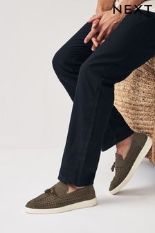 Khaki Green Leather Woven Tassel Loafers (377089) | 257 QAR