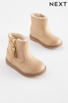Beige Brown Wide Fit (G) Warm Lined Tassel Detail Zip Boots (377309) | €38 - €44