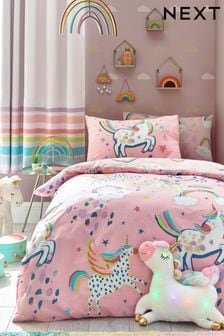 Juego de funda de almohada y funda de edredón con diseño de fiesta de unicornios que brilla en la oscuridad en rosa