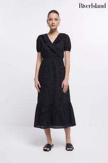 River Island Black Broderie Wrap Mini Dress (379461) | SGD 126