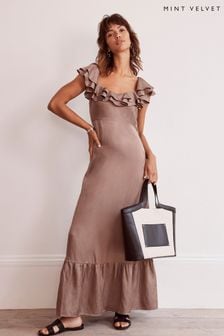 Mint Velvet Brown Satin Frill Maxi Dress (379506) | €81