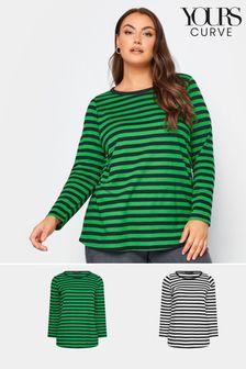 Yours Curve Dark Green Longsleeve Stripe T-Shirts 2 Packs (379528) | LEI 173