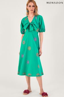 Zelena srednje dolga obleka z vezenino in cvetlicami Monsoon (379643) | €43